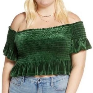 BP Green Velvety Stretchy Off the Shoulder Top